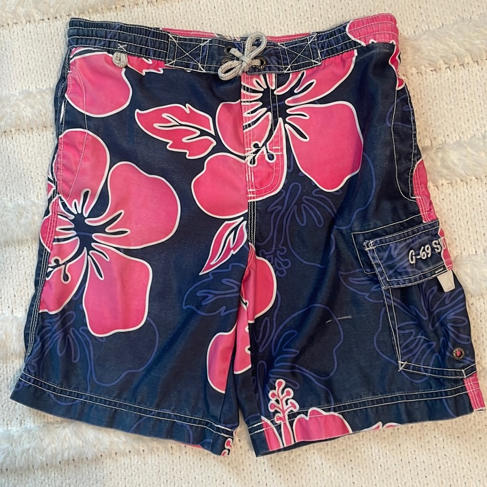 Y2K Gap swim trunks Hawaiian tropical flowers floral blue pink boys size 8 M